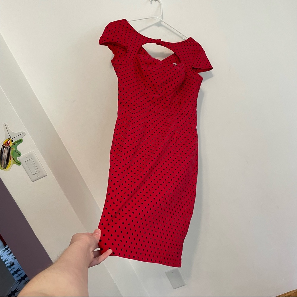 HELL BUNNY VIXEN Sandy Pencil Dress Red Polka Dot Retro Rockabilly Pinup US M 10 - Picture 9 of 16